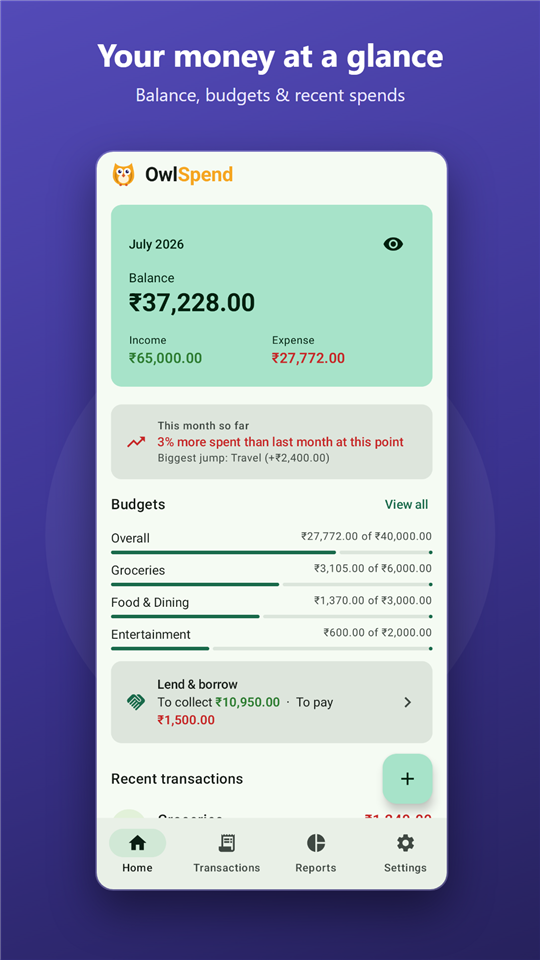OwlSpend home screen showing balance, budgets and recent spending