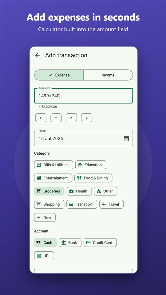 Add transaction screen with calculator built into the amount field