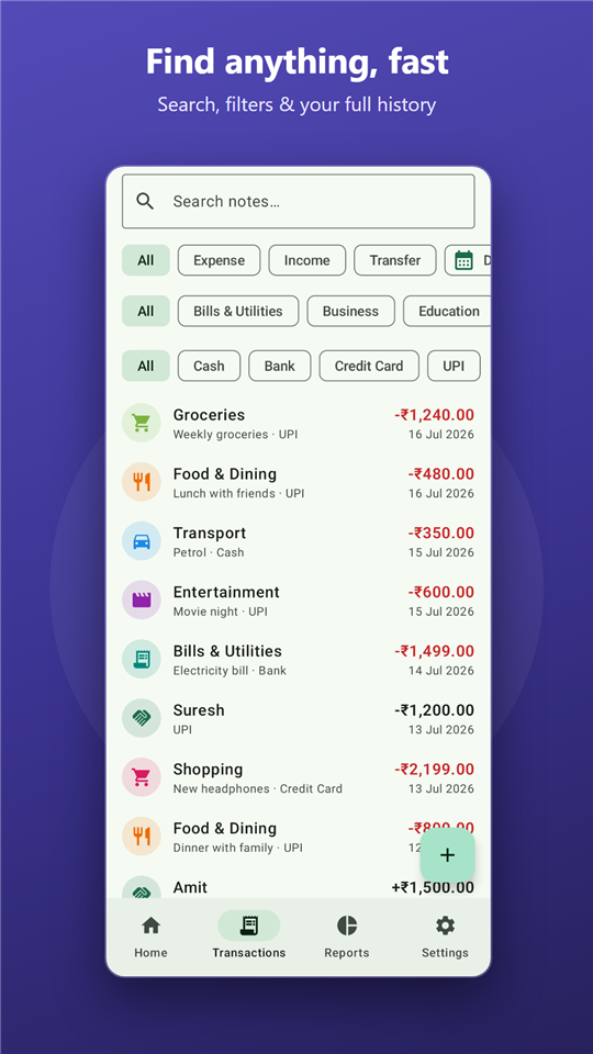 Transaction history with search and filters