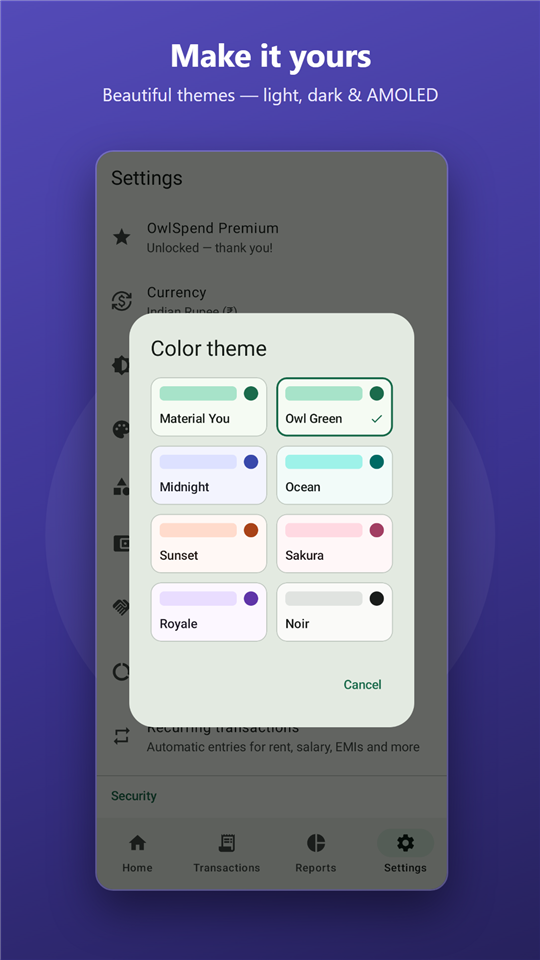 Theme picker with light, dark and colour themes