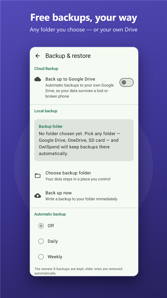 Backup screen with local folder and Google Drive options